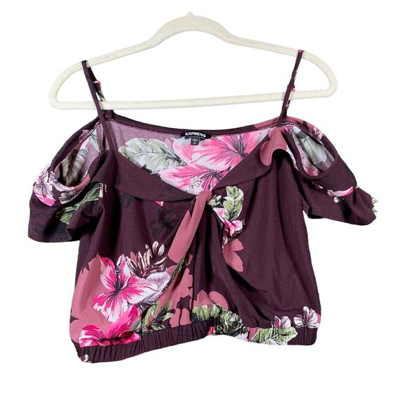 Express Womens Blouse Purple Multi Floral V Neck Cold Shoulder Crop Top Small - Picture 1 of 10